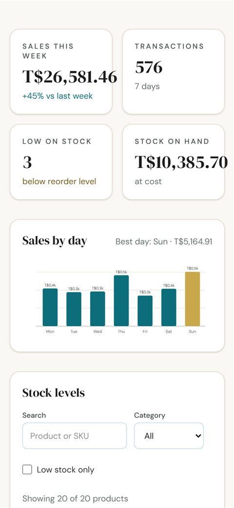 The demo retail dashboard with sales chart and stock table on a phone